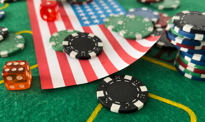 poker chips, usa flag on blackjack table