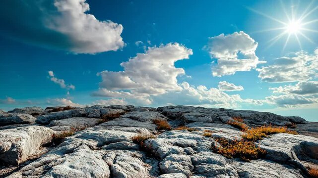 Rocky coast stretches under a bright sunny sky with fluffy clouds in Halifax, NS