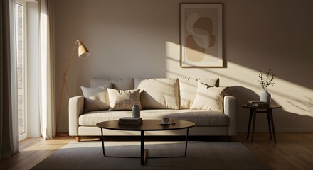 Living Room with Sofa, Coffee Table, and Sunlight