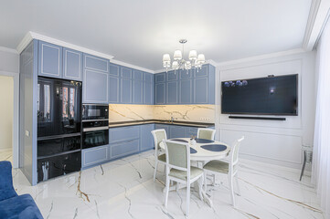 interior apartment kitchen and dining room, refectory area, cooking equipment, table furniture,...