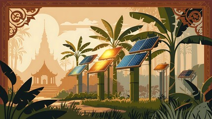 Solar panels on bamboo poles in a banana forest near ancient ruins at dusk. Golden sunlight.