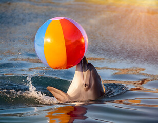 Dolphin playing with colorful beach ball in water