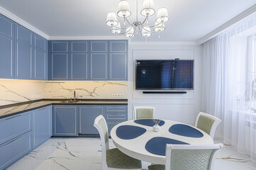 interior apartment kitchen and dining room, refectory area, cooking equipment, table furniture,...