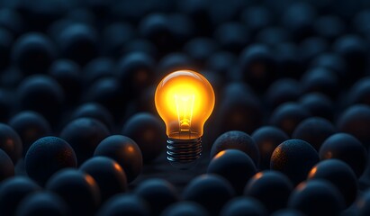 Obraz premium A glowing light bulb stands out from the crowd of dark spheres, symbolizing creativity and innovation. 