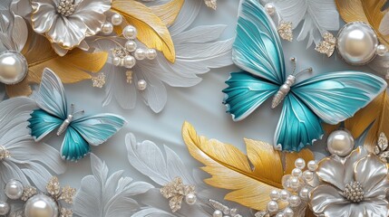 Decorative butterflies, flowers, and pearls on light gray background.  Possible use wallpaper, wall art, print