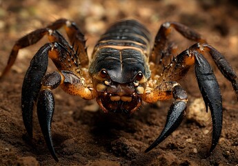 Close-up photograph of an African emperor scorpion, full body, in the savannah, in the style of style photography.