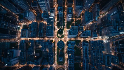 Aerial Night View of Chicagos Street Grid and Illuminated Buildings