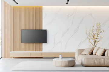 Modern minimalist living room with wooden accents and marble wall