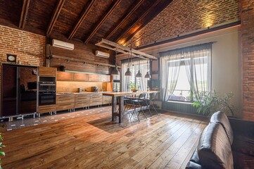 interior apartment kitchen and dining room, refectory area, cooking equipment, table furniture,...
