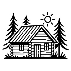 Hand drawn vector logo of a forest woodlog cabin