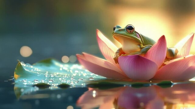 green frog on lotus leaf