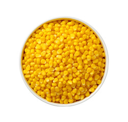 Tin of yellow corn in juice. Canned food concept, isolated on transparent background