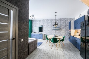 interior apartment kitchen and dining room, refectory area, cooking equipment, table furniture,...