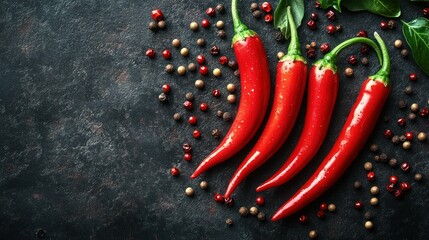 Vibrant red chili peppers with peppercorns