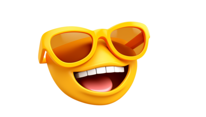 A yellow emoji with sunglasses and a big smile isolated on a transparent background rendering style png