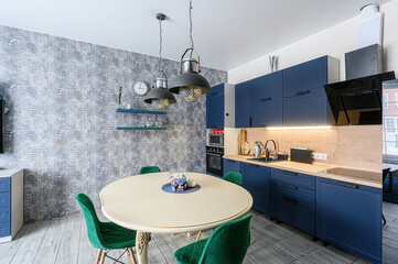 interior apartment kitchen and dining room, refectory area, cooking equipment, table furniture,...
