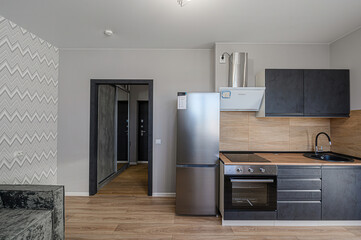 interior apartment kitchen and dining room, refectory area, cooking equipment, table furniture,...