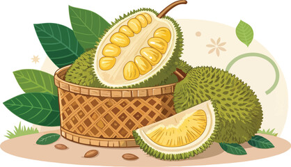 Jack Fruit in wicker basket with Jack Fruit slice in natural background vector design, Jack Fruit Illustration vector design