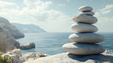 Balanced Stacked Stones on Seaside Cliff with Calm Ocean View.