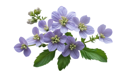 Isolated delicate lilac flowers with green leaves against a black background