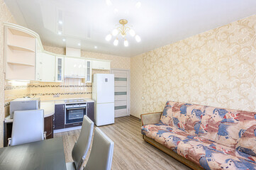 interior apartment kitchen and dining room, refectory area, cooking equipment, table furniture,...