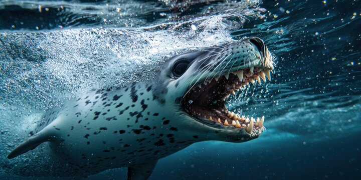 a leopard seal&acirc;&euro;&trade;s sharp teeth as it opens its mouth, ready to hunt