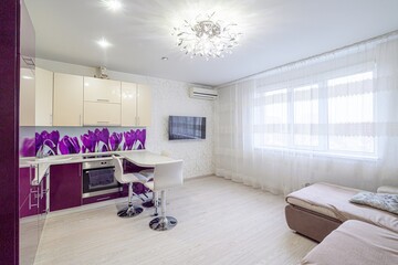 interior apartment kitchen and dining room, refectory area, cooking equipment, table furniture,...