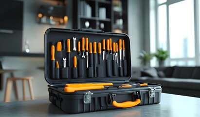 Black plastic tool case with orange tools on a gray table in a modern home interior, close-up view. 