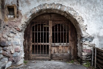 Obraz premium A rustic arched doorway with a barred metallic gate, creating an intriguing and weathered entrance.