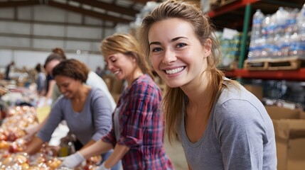 Obraz premium Cheerful Female Volunteers Sorting Food Donations at Local Community Center During Charitable Event
