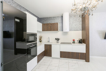 interior apartment kitchen and dining room, refectory area, cooking equipment, table furniture, stove