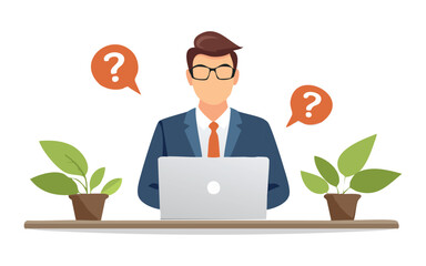 Contemplation, doubt or unsure, curiosity thinking to solve problem, question in the head, uncertainty or confusion, decision concept, businessman thinking on computer laptop with doubt question mark.