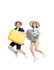 full body Image of asian couple wearing travel clothes and carrying suitcase posing on white background