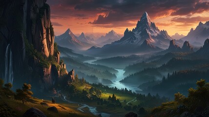 Majestic sunset over mountain valley, river flows, peaceful scene; ideal for travel, fantasy backgrounds