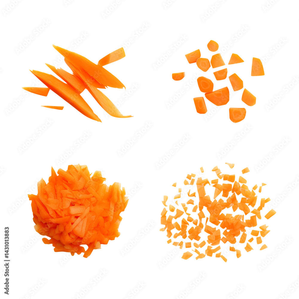 Poster different cuts of carrots arranged on a transparent background showing various preparation styles fo