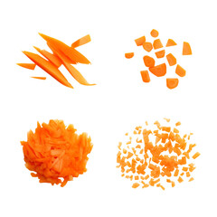 Different cuts of carrots arranged on a transparent background showing various preparation styles for cooking use png