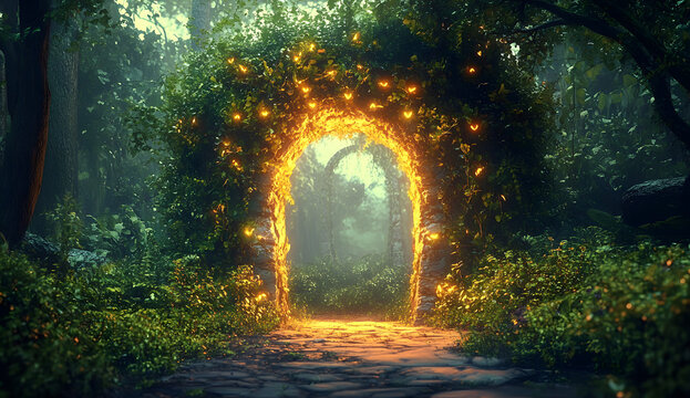 Spectacular fantasy scene with a portal archway covered in creepers. In the fantasy world, ancient magical stone gate show another dimension. Digital art 3D illustration.
