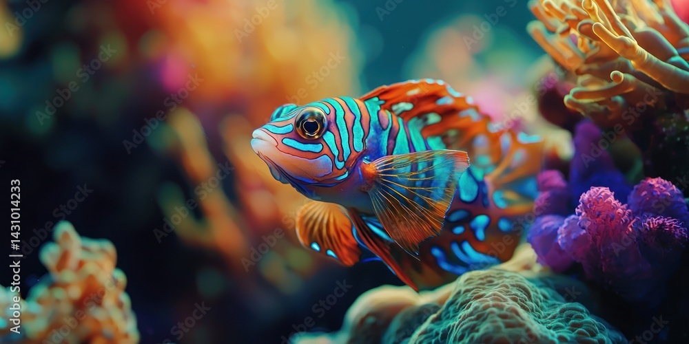 Poster a mandarinfish nestled among colorful coral, its intricate patterns making it one of the most stunni