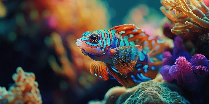 A mandarinfish nestled among colorful coral, its intricate patterns making it one of the most stunning fish in the ocean