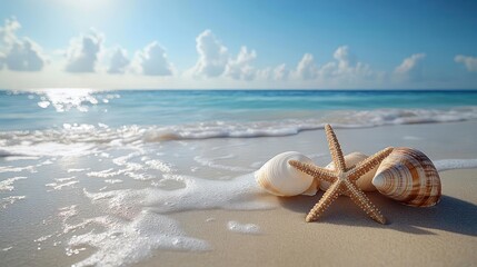 Obraz premium Seashells and starfish on a sandy beach, morning sun