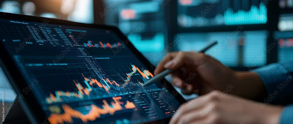 Poster analyzing financial data on digital tablet exploring market trends, graphs, and charts in modern wor