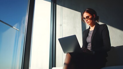 Fototapeta premium Businesswoman Typing on Laptop in Modern Office with Indoor Lighting and Scenic City View