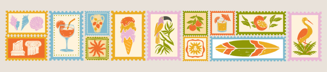 Tropical summer postal travel stamp, hand drawn exotic vacation postage island bird silhouette print. Vintage hand drawn tourism sticker, ocean surfboard, fruit cocktail retro set. Summer stamp tile