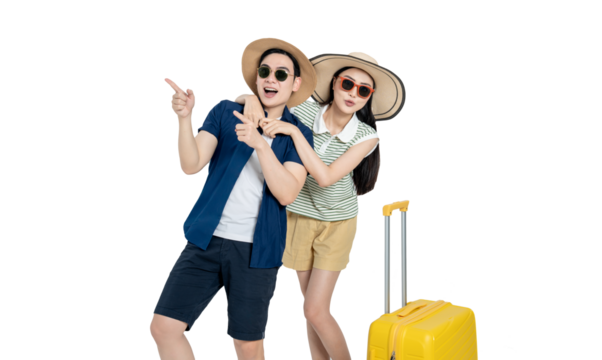 portrait of asian couple wearing travel clothes,  suitcases and posing on white background