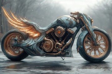 Motorcycle with wings fantasy art style illustration detailed engine and wheels.