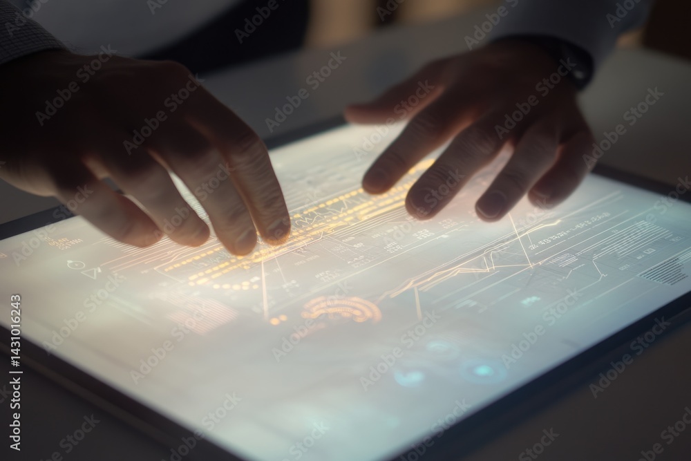 Poster person's hands interact with a tablet displaying glowing data visualizations, charts, and graphs.