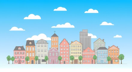 Obraz premium City in Bloom: A Vibrant Cartoon Illustration of Urban Life Under the Sun