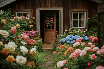 Fototapeta premium Situated in the welcoming entrance of a rustic, weathered wooden house, is a lovely picture of a lovely cottage garden in full bloom with vibrant roses, peonies and hydrangeas.