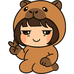 Cute kid in capybara mascot costume doing various cute poses