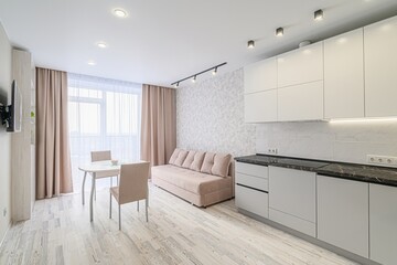 interior apartment kitchen and dining room, refectory area, cooking equipment, table furniture, stove